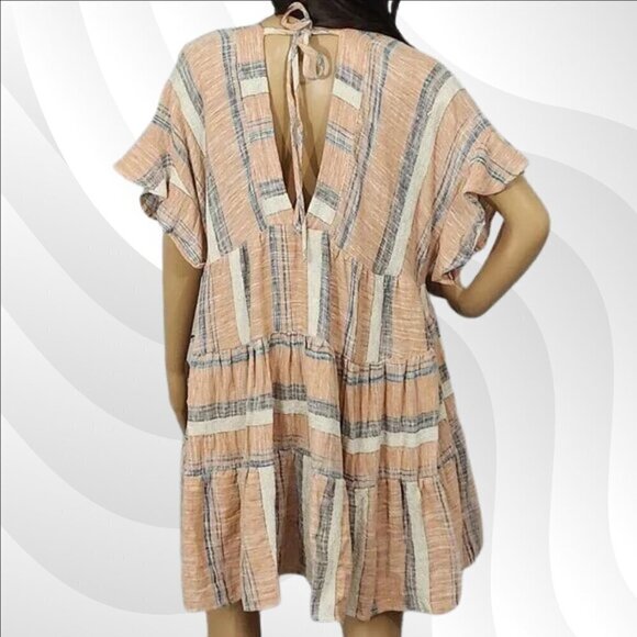 2/$30 Lulu’s Striped Double V-Neck Linen Blend Boho Dress Dusty Orange Size S - Picture 2 of 6